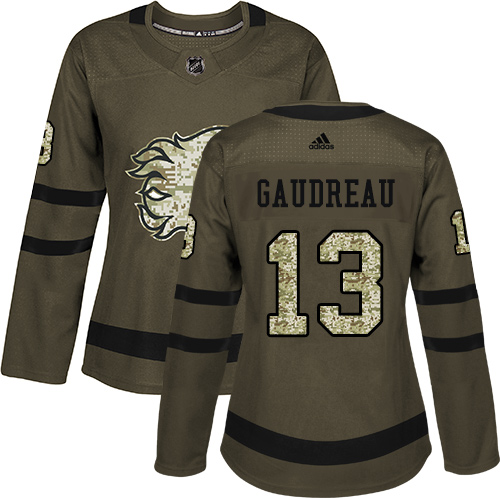 Adidas Flames #13 Johnny Gaudreau Green Salute to Service Women's Stitched NHL Jersey